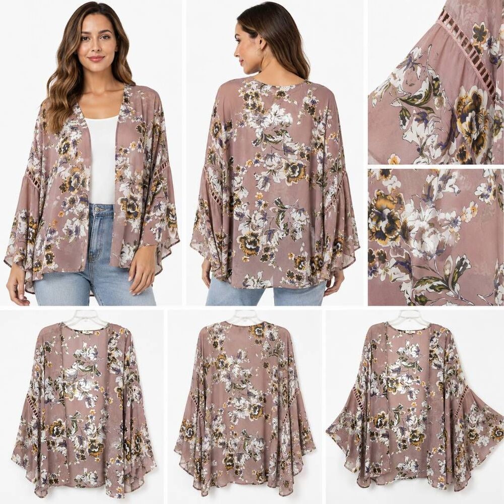 Entro M Mauve Floral Bell Sleeve Open Kimono